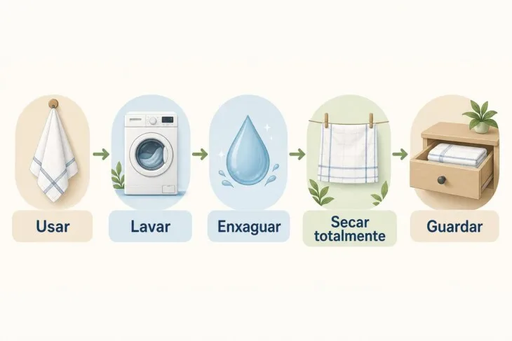 Infográfico com cinco etapas: usar, lavar, enxaguar, secar totalmente e guardar.