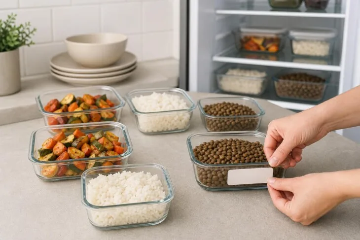 Porções de comida preparada em recipientes rasos, prontas para ir à geladeira.