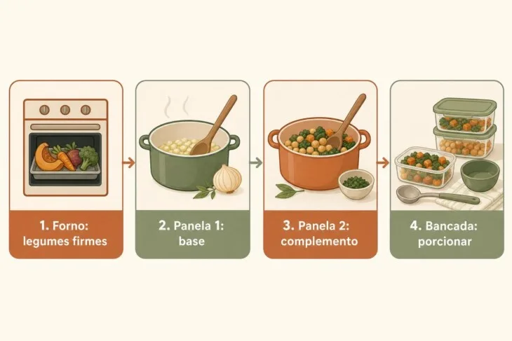 Infográfico mostra a sequência entre forno, panelas e bancada no preparo semanal.