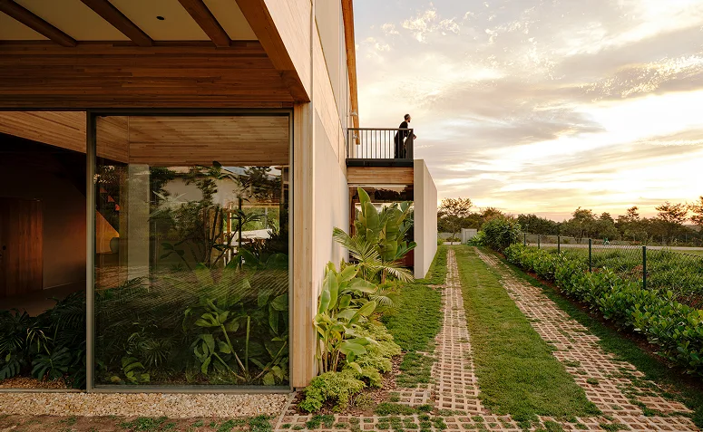 Caminho de pedra e gramado ao lado de uma casa contemporânea, com vegetação integrada à arquitetura.