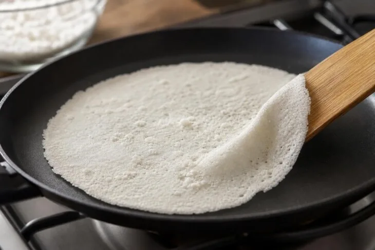 Beiju de tapioca firme em frigideira, com uma ponta levantada pela espátula.