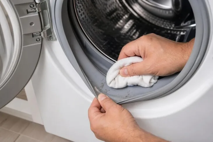Mãos limpando a dobra inferior da borracha da porta da lavadora frontal.