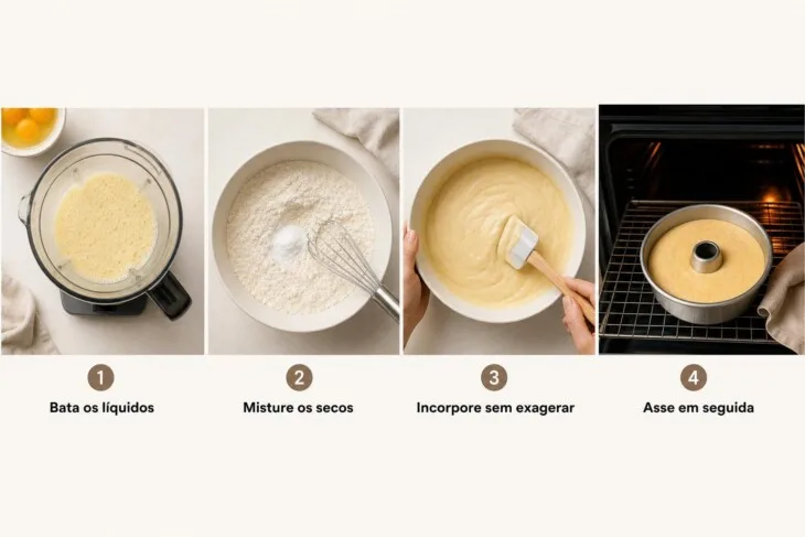 Infográfico com as quatro etapas para preparar massa de bolo de liquidificador.