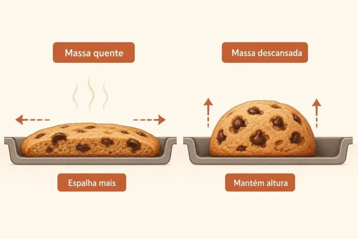 Comparação entre massa de cookie quente, que se espalha mais, e massa descansada, que mantém altura.