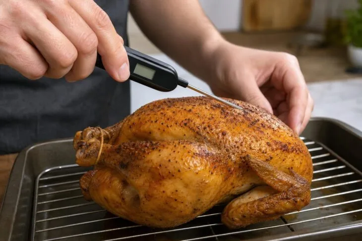 Termômetro culinário medindo a temperatura na parte mais grossa do peito de um frango assado.