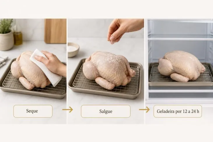Infográfico com três etapas para secar, salgar e refrigerar o frango antes de assar.
