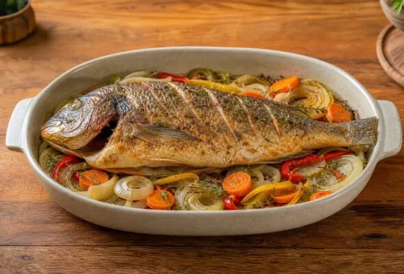 Peixe assado inteiro sem grudar: cama de legumes facilita servir