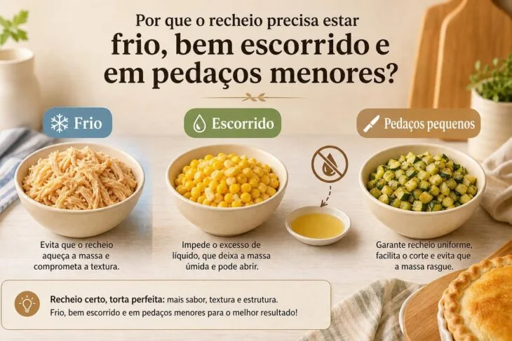 Infográfico mostra recheios frios, escorridos e cortados em pedaços pequenos para torta.