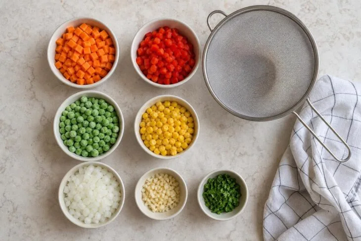 Legumes cortados e separados em potes para preparar arroz à grega.