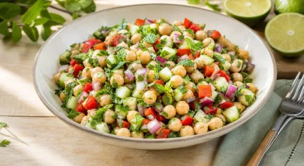 Salada de grão-de-bico ganha sabor quando o tempero entra ainda morno
