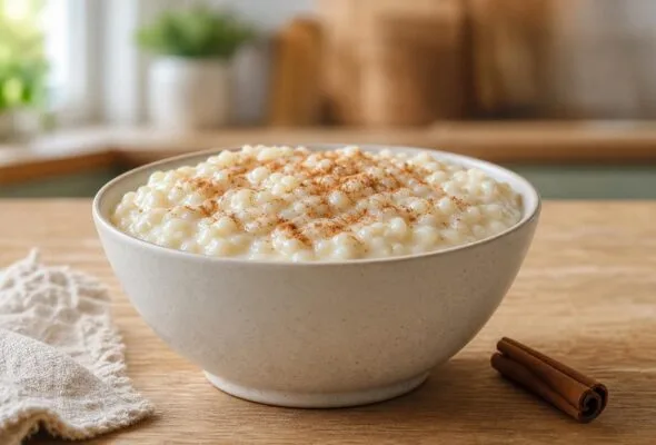 Arroz-doce cremoso sem grãos duros: leite entra depois da primeira cocção