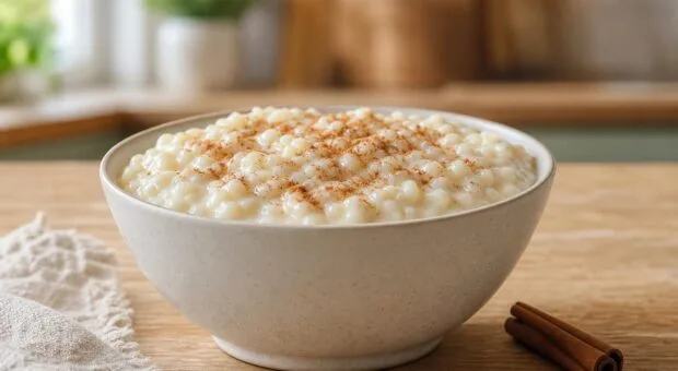 Arroz-doce cremoso sem grãos duros: leite entra depois da primeira cocção