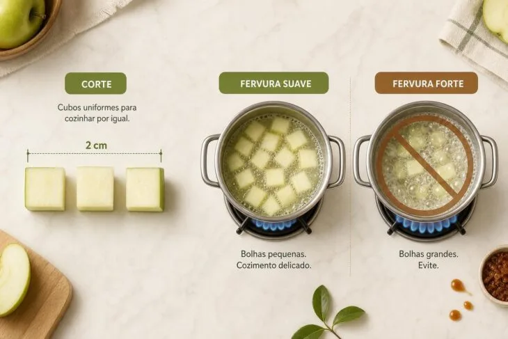 Infográfico mostrando cubos de maçã de 2 centímetros e a preferência por fervura suave.