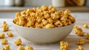 Pipoca doce crocante sem grudar em blocos: calda fina cobre melhor