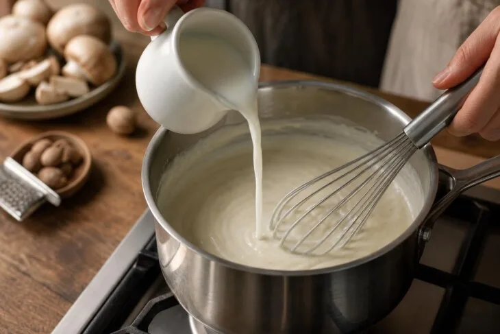 Pessoa adiciona leite aos poucos e mexe um molho branco cremoso em uma panela.