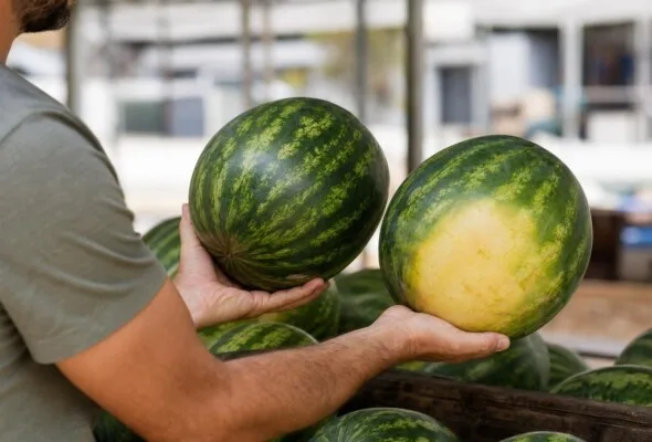 Melancia doce e madura: peso, mancha de chão e som contam juntos