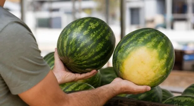 Melancia doce e madura: peso, mancha de chão e som contam juntos