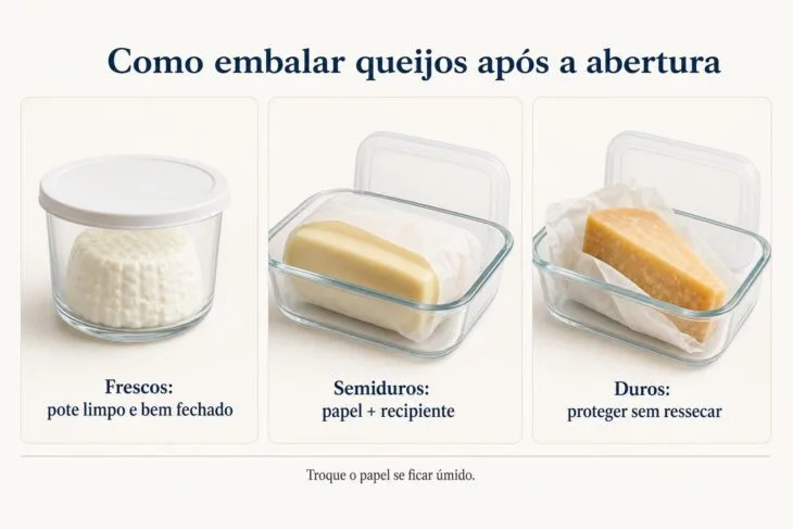 Infográfico com formas de guardar queijos frescos, semiduros e duros.