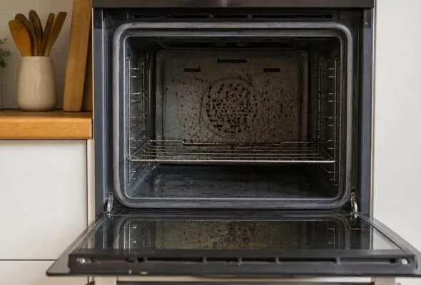Forno com respingos queimados: limpeza por camadas evita excesso de produto