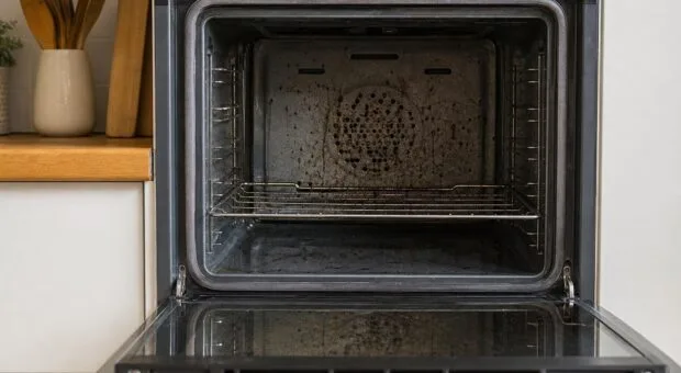 Forno com respingos queimados: limpeza por camadas evita excesso de produto