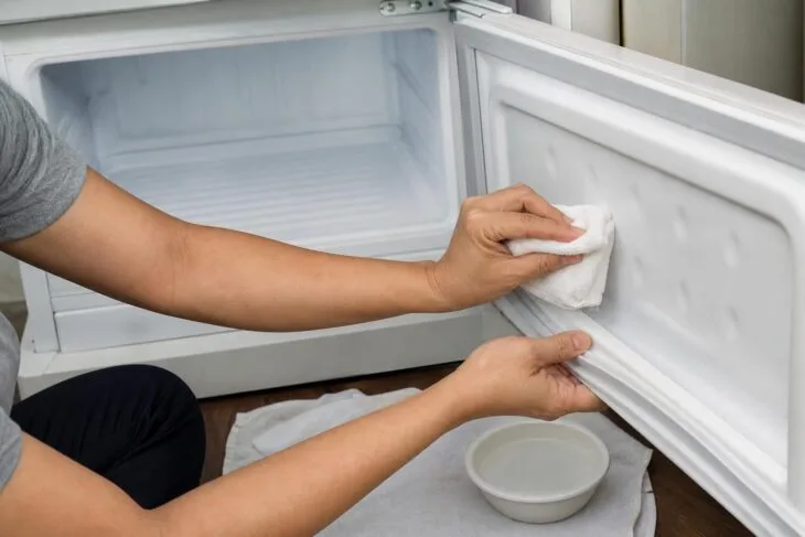 Pessoa limpando o interior descongelado de um freezer com pano macio.