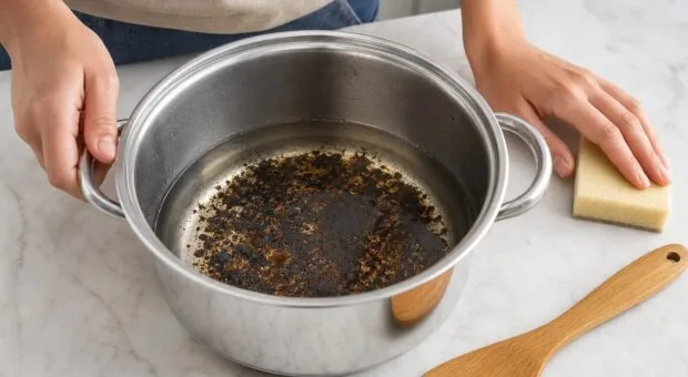 Panela de inox com fundo queimado: molho e espátula soltam sem riscar