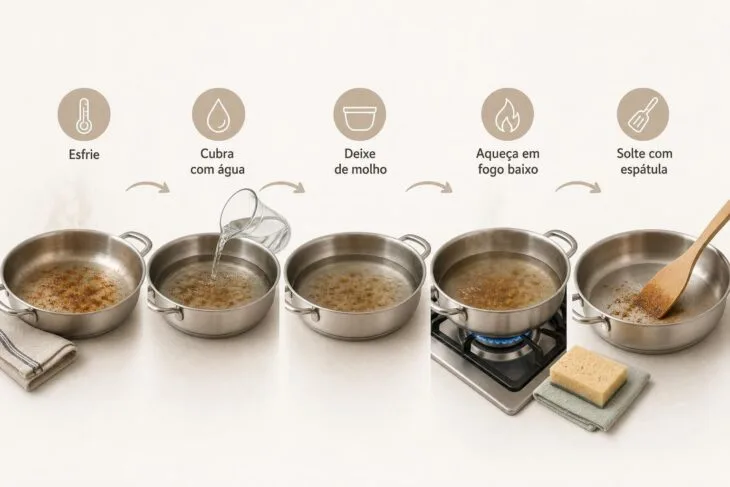 Infográfico com cinco etapas para soltar alimento queimado de uma panela de inox.