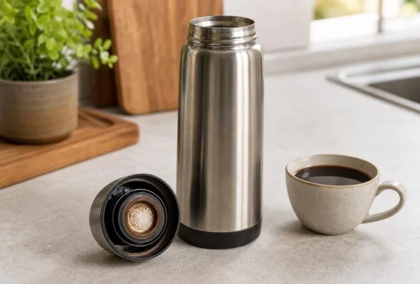 Garrafa térmica com gosto de café antigo: tampa e vedação concentram resíduos