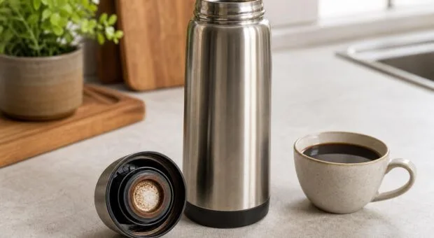 Garrafa térmica com gosto de café antigo: tampa e vedação concentram resíduos