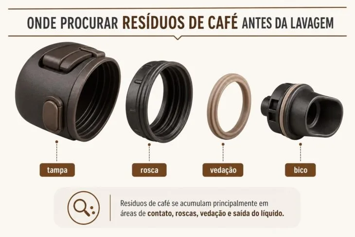 Infográfico mostra tampa, rosca, vedação e bico de uma garrafa térmica.