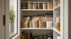 Despensa pequena comporta mais quando alimentos abertos ficam visíveis primeiro