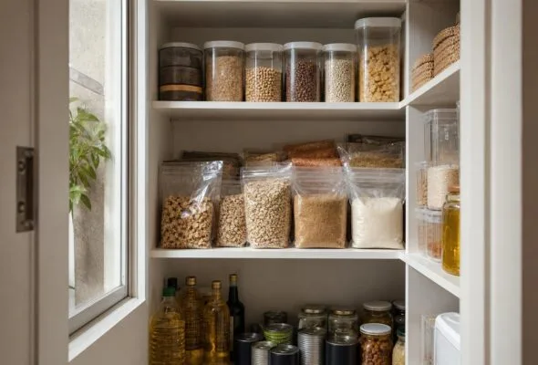 Despensa pequena comporta mais quando alimentos abertos ficam visíveis primeiro