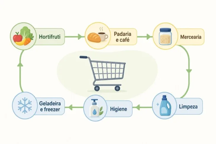 Infográfico com os setores para organizar uma lista de compras.
