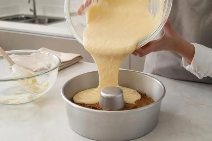 Massa de bolo sendo despejada devagar sobre doce de leite em forma com furo central.