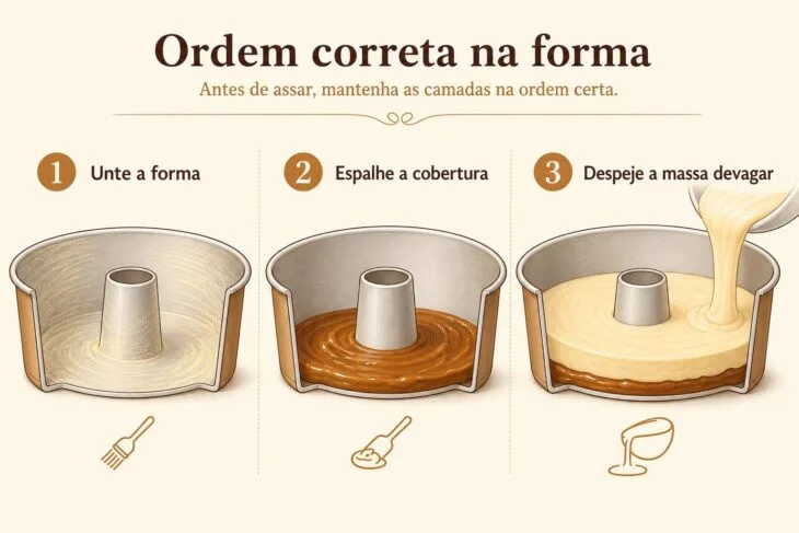 Infográfico mostra a ordem de montagem do bolo de churros invertido na forma.